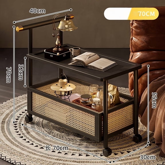 Modern Mobile Tea Cart with Wooden Frame and Golden Accents, Vintage Style Wheeled Side Table for Living Room, Bedroom, or Patio Storage and Display