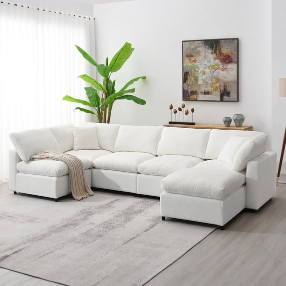 Modern Modular Cloud Sofa Bed 130 Inch, 6 Seat Chenille Sectional Couch with Ottoman, Convertible U Shaped Sleeper Sofa for Living Room, Multi-Functional, Beige