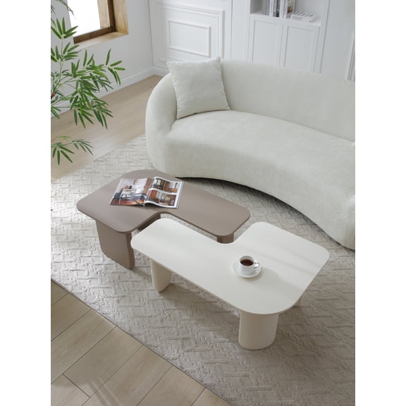 Modern Modular Coffee Table Set with Free Combination Design, Multi-Layer Painted Farmhouse Tables for Sofa Couch, Versatile Corner and Center Tables for Living Room Apartment Use in Khaki and White