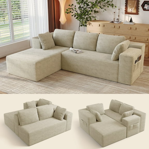 Modern Modular L-Shape Couch with Chaise, Deep Seat Boneless Sofa Bed, No Assembly Required Sleeper Sofa, Plush Corduroy Fabric, Beige