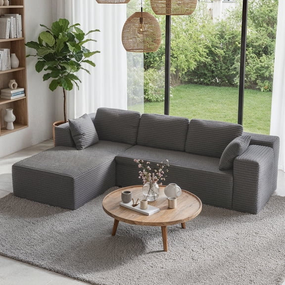 Modern Modular L-Shape Couch with Chaise, Deep Seat Boneless Sofa Bed, No Assembly Required Sleeper Sofa, Plush Corduroy Fabric, Dark Gray