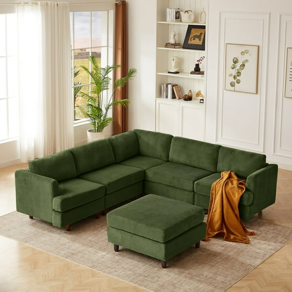 Modern Modular Sectional Couch,6 Seaters Sleeper Sofa Upholstered Corduroy Free Combination Sofa (Green)