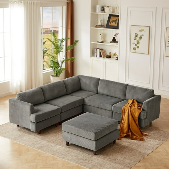 Modern Modular Sectional Couch,6 Seaters Sleeper Sofa Upholstered Corduroy Free Combination Sofa (Grey)