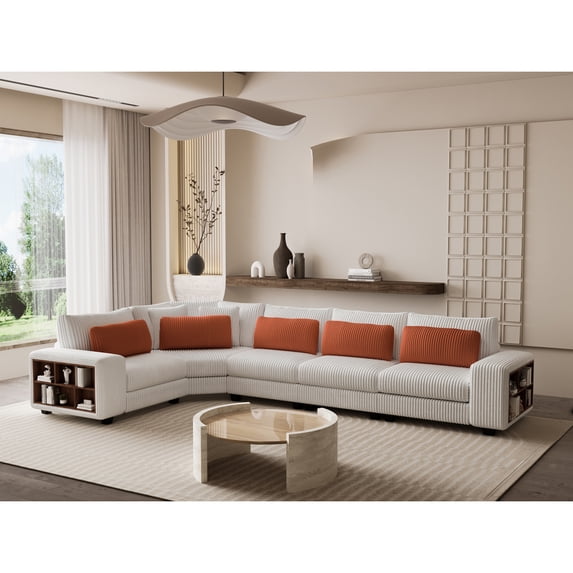 Modern Modular Sectional L-shaped Sofa with Armrest Wooden Frame Locker, Stylish and Comfortable , Cream Style, Beige