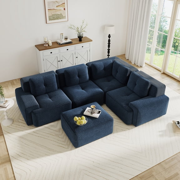 Modern Modular Sectional Sofa with 4-Seater,V Shaped Corner Couch,Corduroy Fabric,Deep Seat for Living Room, Movable Ottoman,Pearl-like piping, Tufted Design, No Assembly, Anti-slip Design,Blue