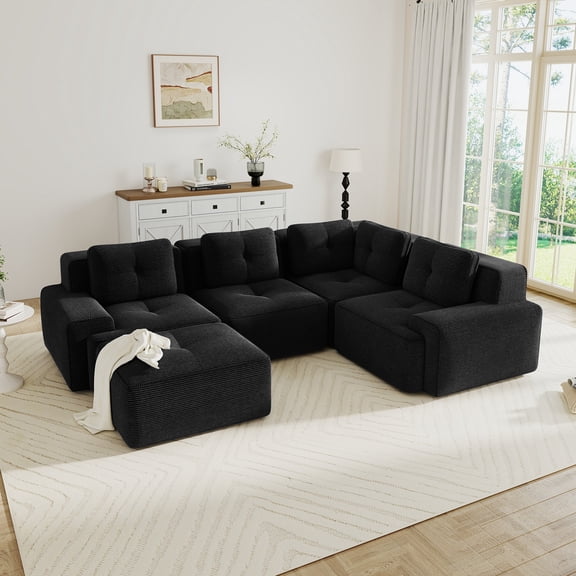 Modern Modular Sectional Sofa with 4-Seater,V Shaped Corner Couch,Corduroy Fabric,Deep Seat for Living Room, Movable Ottoman,Pearl-like piping, Tufted Design, No Assembly, Anti-slip Design,Black