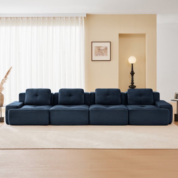 Modern Modular Sectional Sofa For Living Room, Corduroy 4-Seater Couch With Deep Seat And Tufted Design, No Assembly Required, Blue