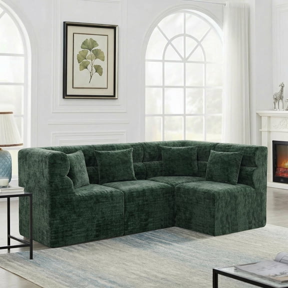 Modern Modular Sectional Sofa - L Shape Couch & Ultra Soft Chenille Green Fabric, Cloud Couch Sectional with Comfy Seat & Unique Wave Backrest, No Assembly Required