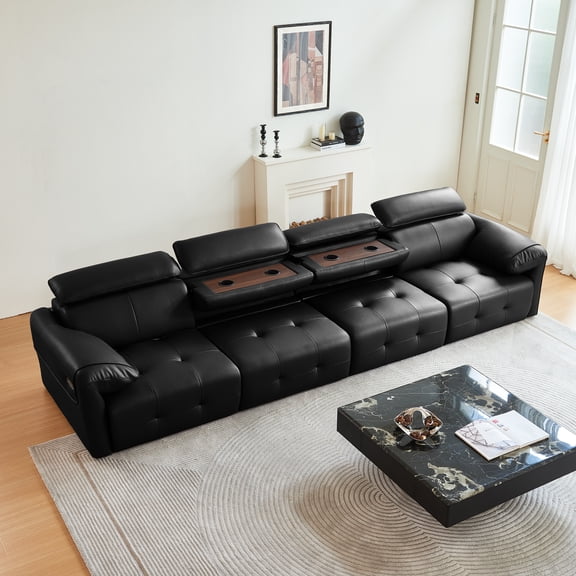 Modern Modular Sectional Sofa for Living Room, Electric Pull Out Genuine Leather 4 Seater Recliner Couch with Adjustable Headrests, Solid Wood Frame,2 Drop-Down Cup Holders, 146",Black