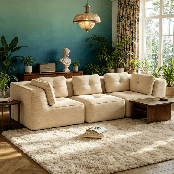 Modern Modular Sectional Sofa, Oversized 3-Seater Corduroy Couch with Deep Seat, No Assembly Required, Cloud-Like Comfort Foam Sofa for Living Room, Pet-Friendly, Anti-Slip Base, Tufted Design