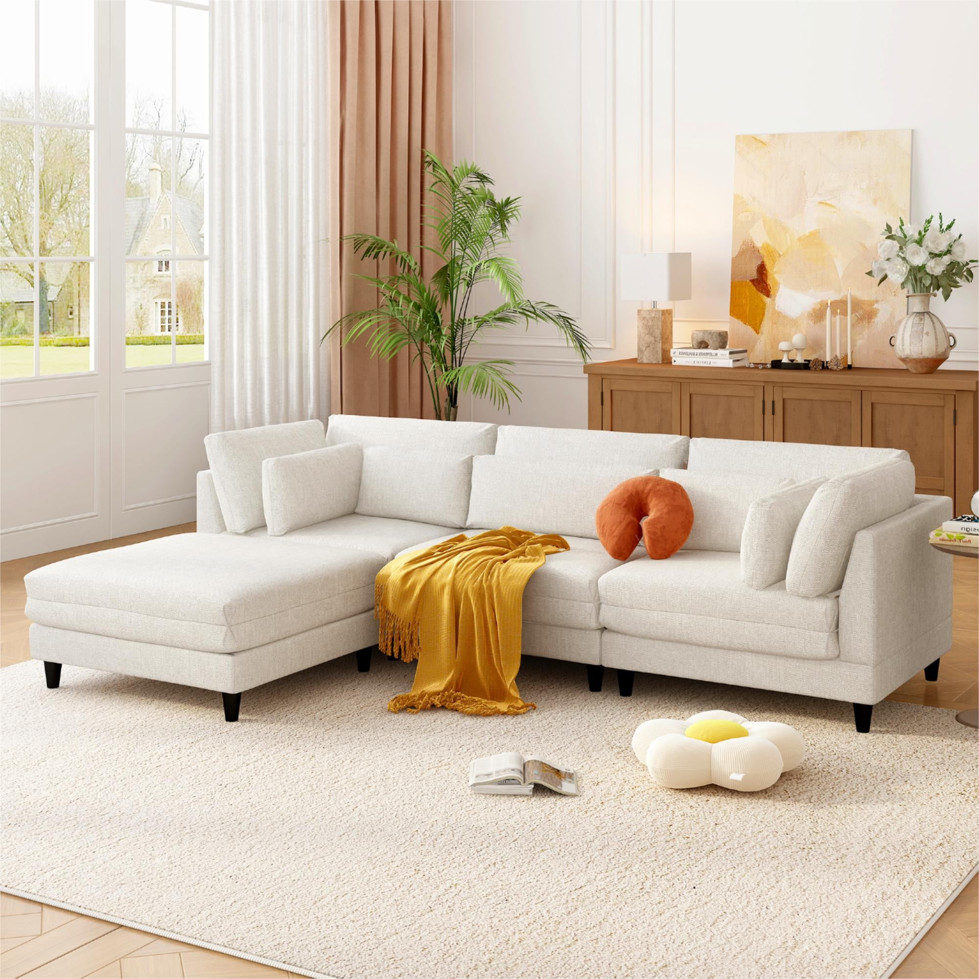Modern Modular Sectional Sofa with Movable Ottoman,Convertible L Shaped Sofa Couch for Living Room, Office & Spacious Rooms,Beige