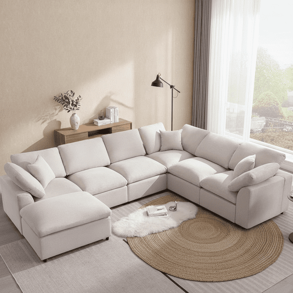 Modern Modular Sectional Sofa with Ottoman - Oversized 7-Seater L-Shaped Cloud Couch for Living Room, Apartment, and Family Lounge, Beige