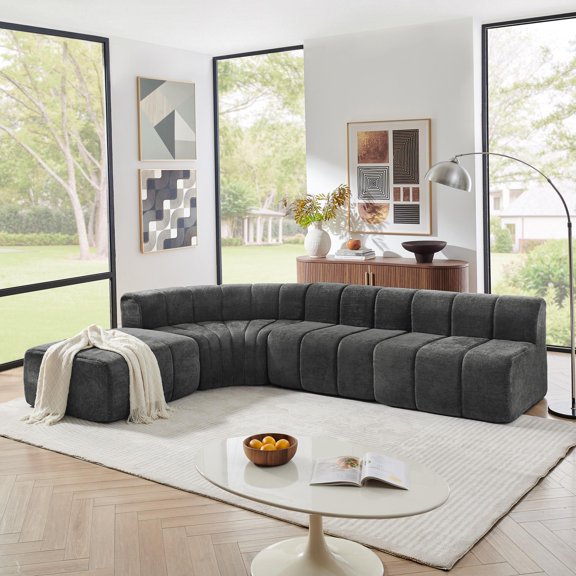 Modern Modular Sofa with Black Chenille, Living Room