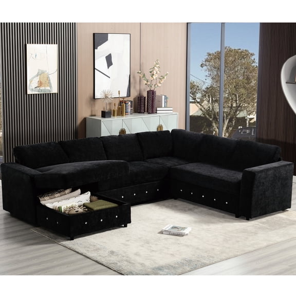 Modern Modular Sofa with Chaise Storage in Black / Organize Blankets and Pillows Easily