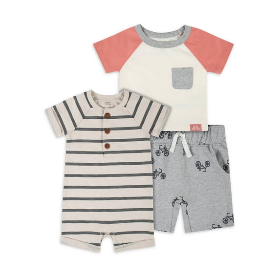 Modern Moments By Gerber Baby Boy Henley T-Shirt, Short & Romper, 3-Piece Outfit Set, (0/3 Months - 24 Months)