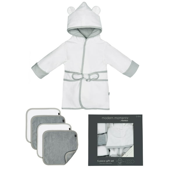 Modern Moments By Gerber Baby Boy or Girl Unisex Bathrobe & Washcloth Infant Gift Set, 5-Piece, Gray