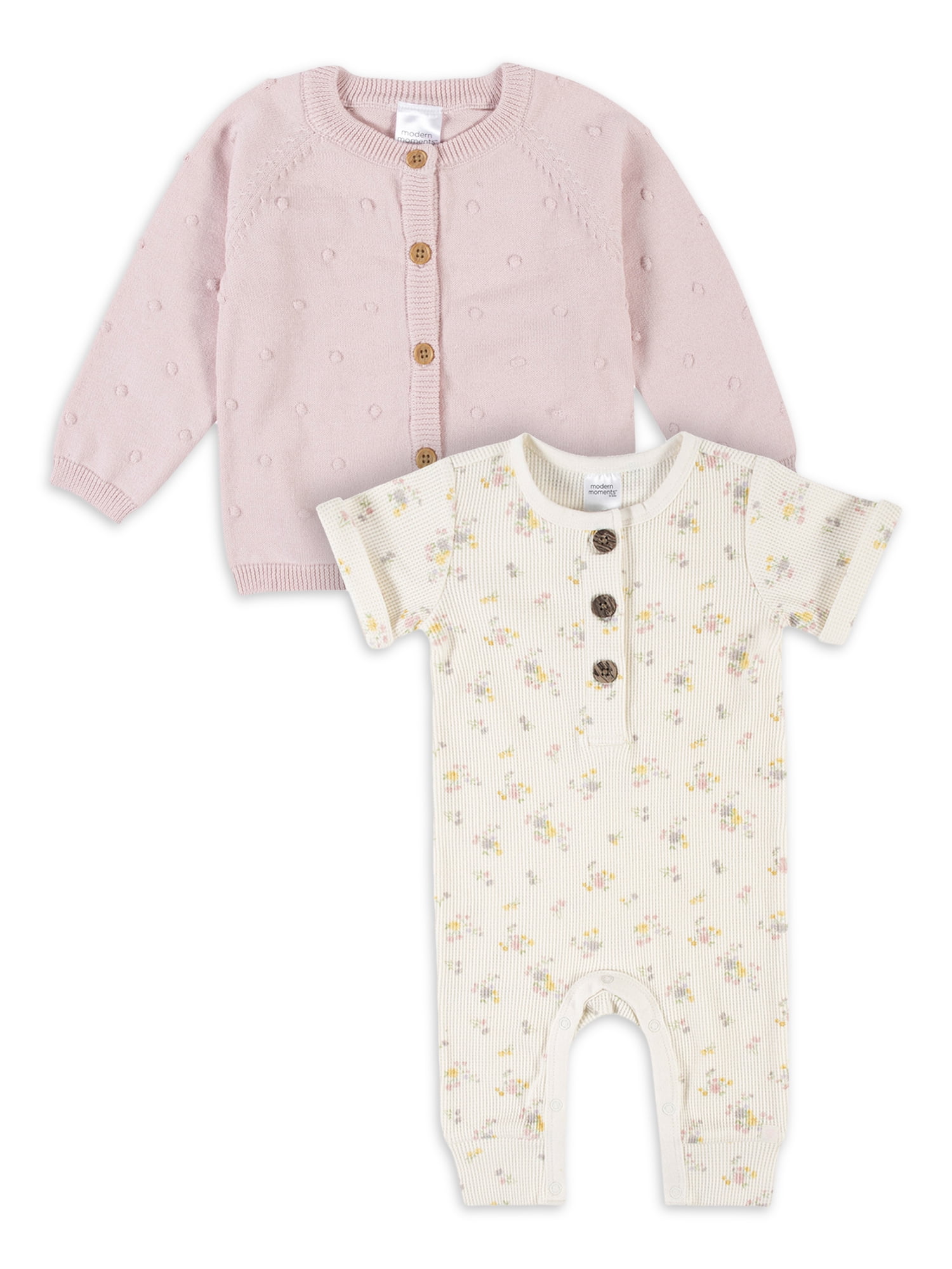 Modern Moments By Gerber Baby Girl Cardigan Sweater & Romper, 2-Piece Outfit Set, (0/3 Months - 24 Months)