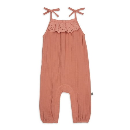 Modern Moments By Gerber Baby Girl Cotton Romper with Shoulder Straps, Sizes 0/3 Months-24 Months