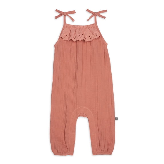 Modern Moments By Gerber Baby Girl Cotton Romper with Shoulder Straps, Sizes 0/3 Months-24 Months