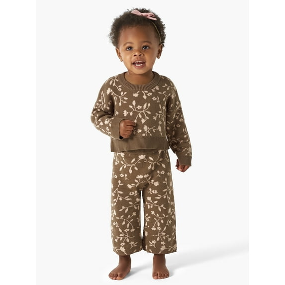 Modern Moments By Gerber Toddler Girl Cotton Jacquard Sweater & Wide-Leg Pant, 2-Piece Set, 12M-5T