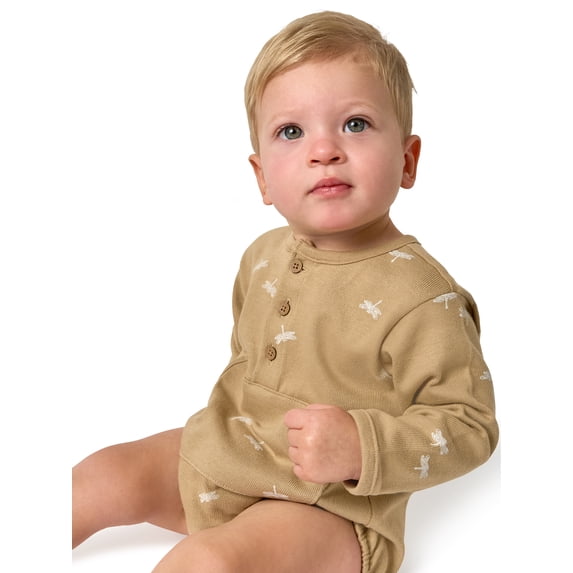 Modern Moments by Gerber Baby Boy Henley Dumpling Romper with Kanga Pocket, Sizes 0/3 Months - 24 Months