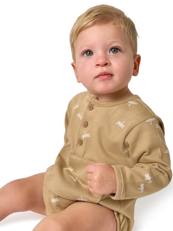 by Gerber Baby Boy Henley Dumpling Romper with Kanga Pocket, Sizes 0/3 Months - 24 Months