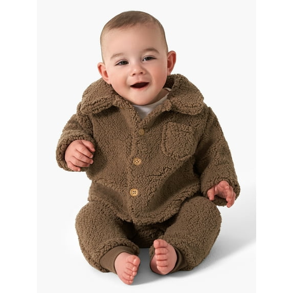 Modern Moments by Gerber Baby Boy or Girl Unisex Microplush Collared Top and Ribbed Pant Outfit Set, 2-Piece, Sizes 0/3-24 Months