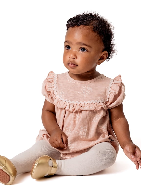 by Gerber Baby Girl Bubble Romper with Ric-Rac and Tights Outfit Set, 2-Piece, 0/3 Months - 24 Months