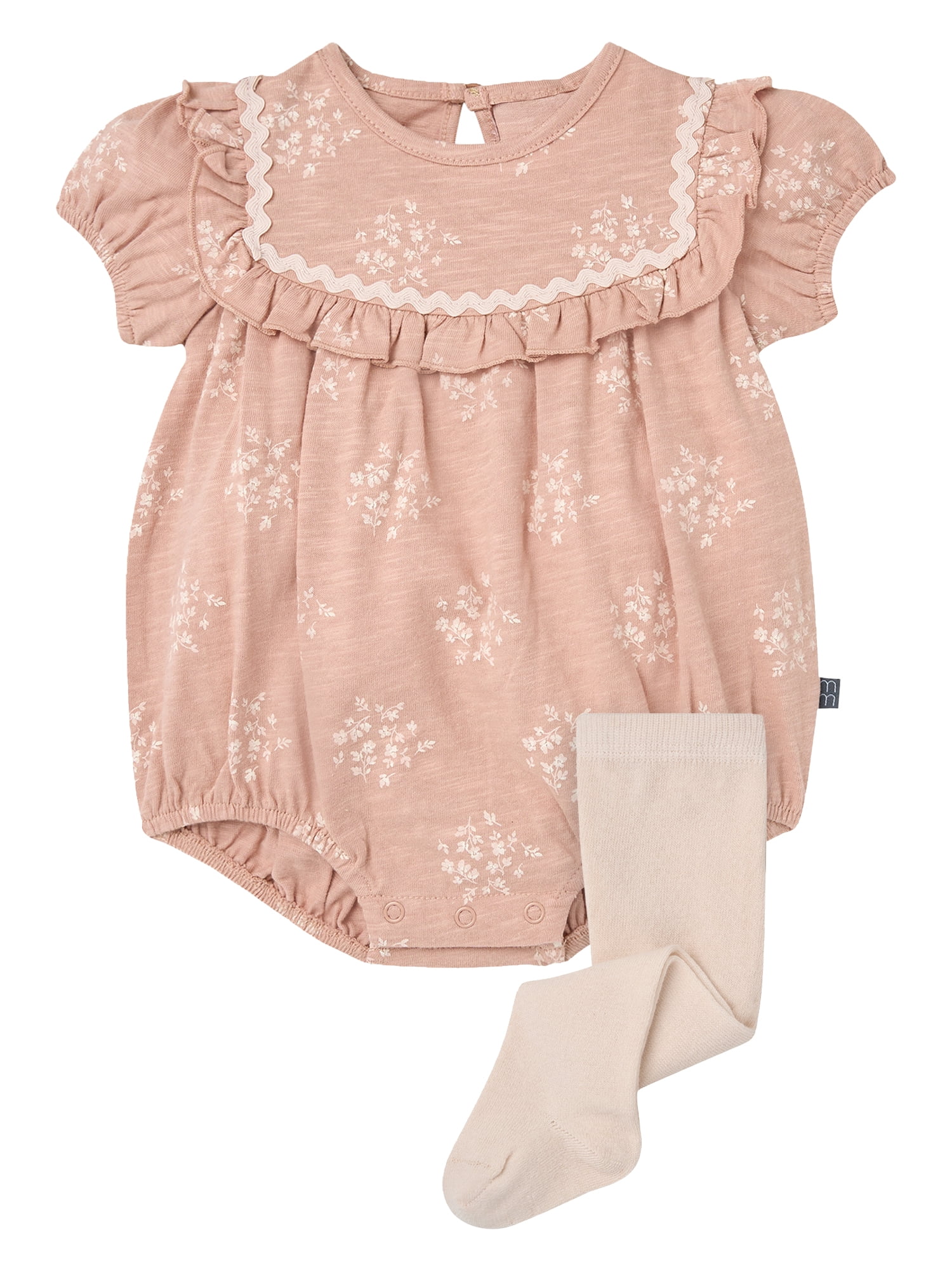 Modern Moments by Gerber Baby Girl Bubble Romper with Ric-Rac and Tights Outfit Set, 2-Piece, 0/3 Months - 24 Months