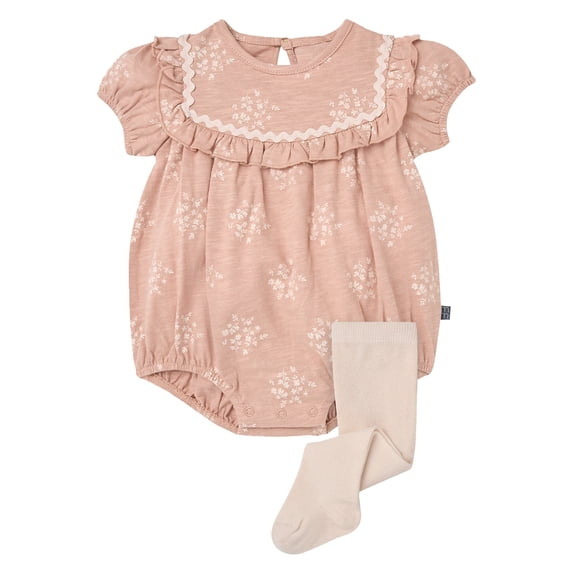 Modern Moments by Gerber Baby Girl Bubble Romper with Ric-Rac and Tights Outfit Set, 2-Piece, 0/3 Months - 24 Months