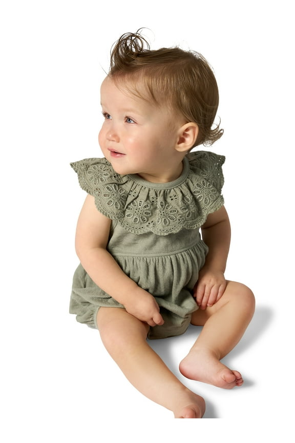 by Gerber Baby Girl Cotton Ruffle Novelty Lace Bubble Romper, Sizes 0/3 Months - 24 Months