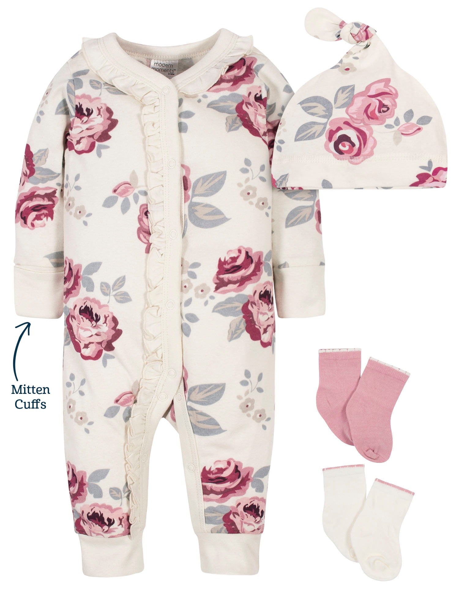 Modern Moments by Gerber Baby Girl Coverall & Accessory Set, 4Piece