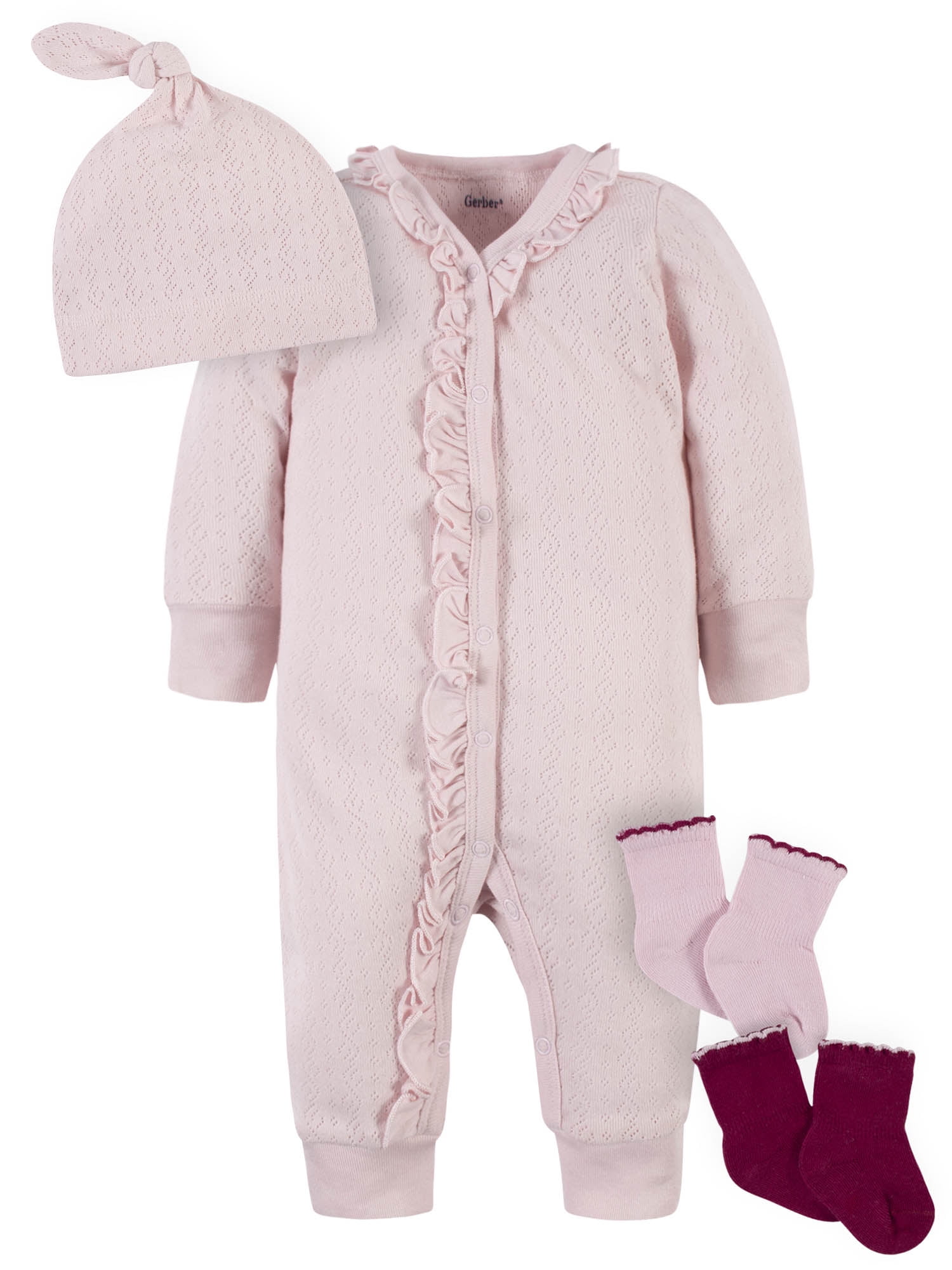 Modern Moments by Gerber Baby Girl Coverall & Accessory Set, 4-Piece (Newborn-3/6 Months)