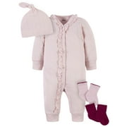 Modern Moments by Gerber Baby Girl Coverall & Accessory Set, 4-Piece (Newborn-3/6 Months)