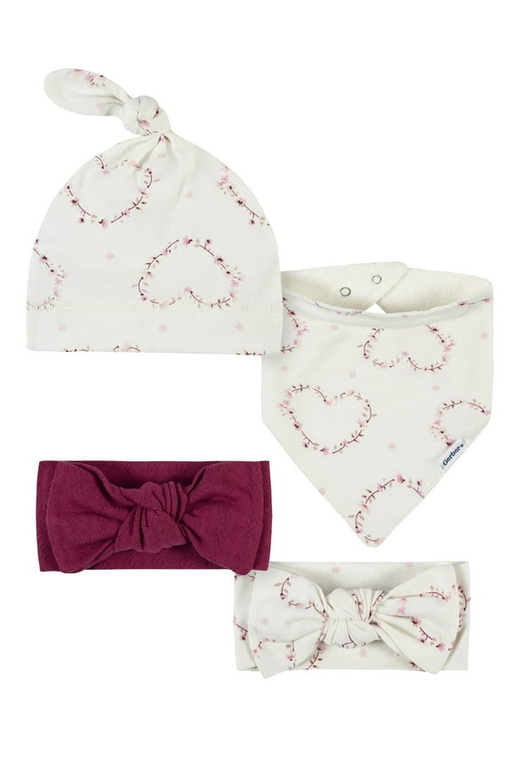 Modern Moments by Gerber Baby Girl Headbands, Cap, and Bib Gift Set, Newborn - 0-6 Months