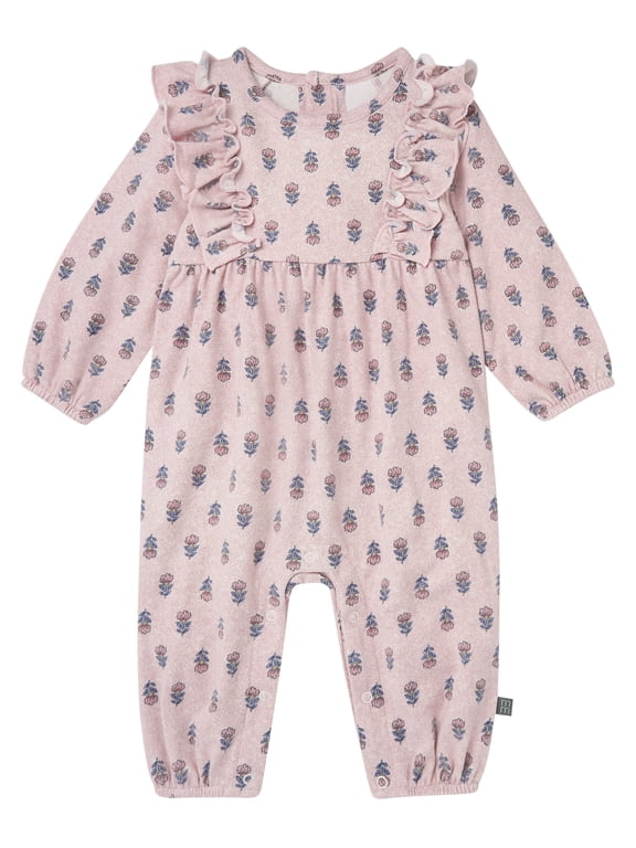by Gerber Baby Girl Long Leg Romper with Ruffle Detail, Sizes 0/3 Months - 24 Months