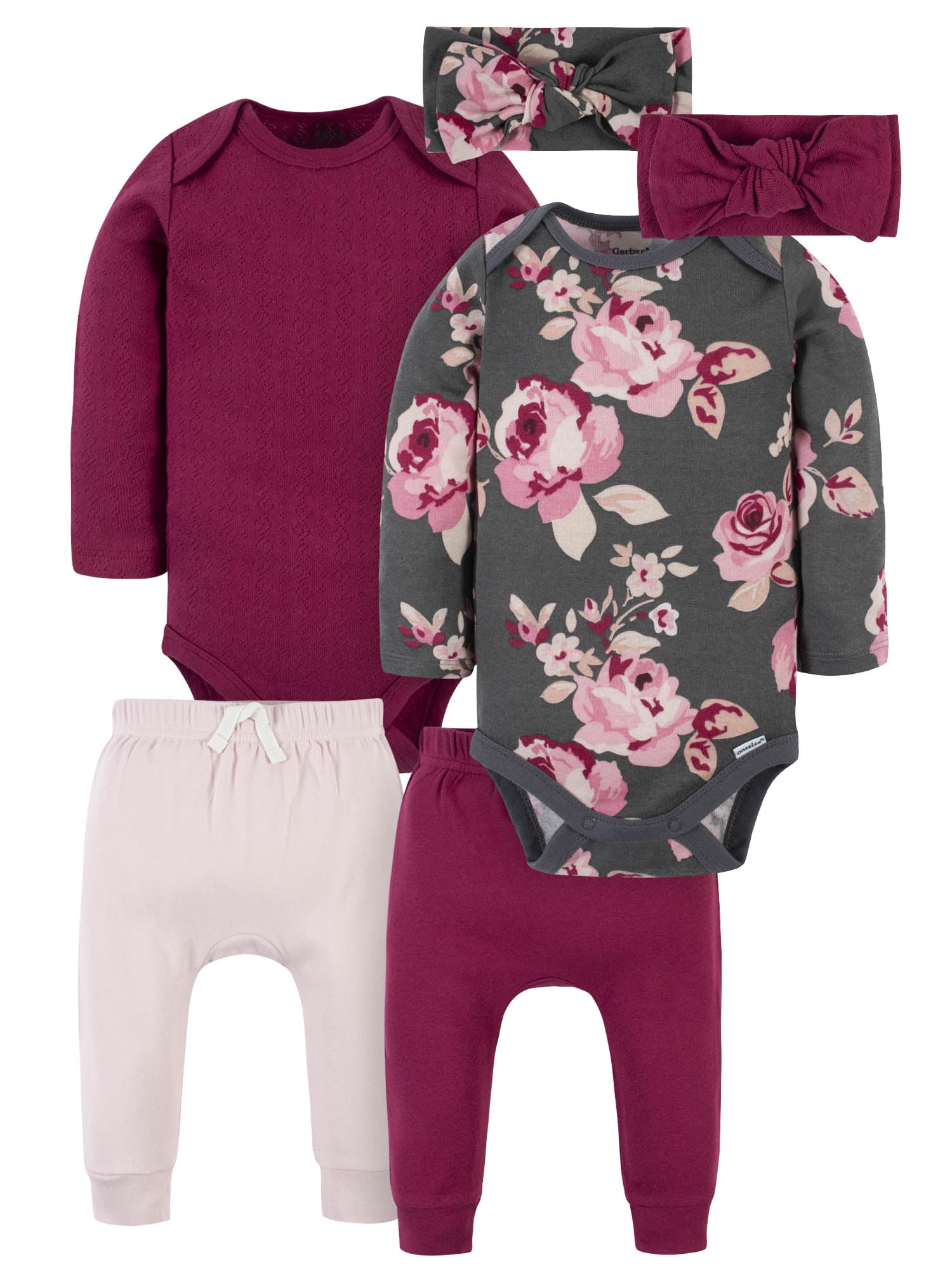 Modern Moments by Gerber Baby Girl Long Sleeve Onesies Bodysuit & Pant Outfit Sets, 6-Piece (Newborn-12M)