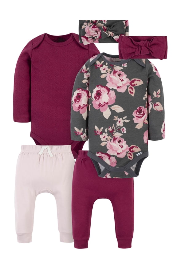 by Gerber Baby Girl Long Sleeve Bodysuit & Pant Outfit Sets, 6-Piece (Newborn-12 Months)