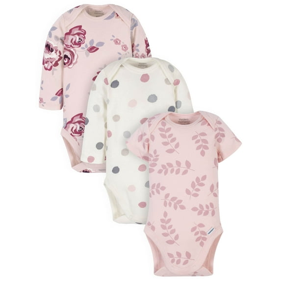 Modern Moments by Gerber Baby Girl Long Sleeve Onesies Bodysuits, 3-Pack (Newborn-12M)