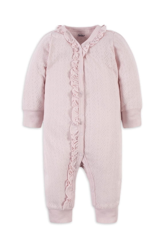 by Gerber Baby Girl Mitten Cuff Coverall, (Newborn - 0/3 Months)