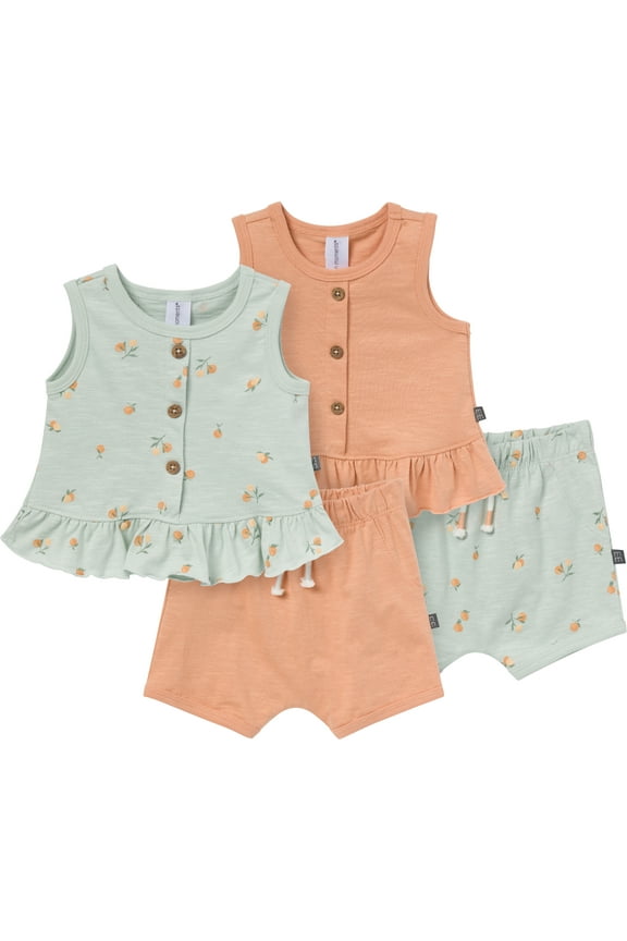 by Gerber Baby Girl Peplum Top and Short Sets, 4-Piece, Sizes 0/3 Months - 24 Months