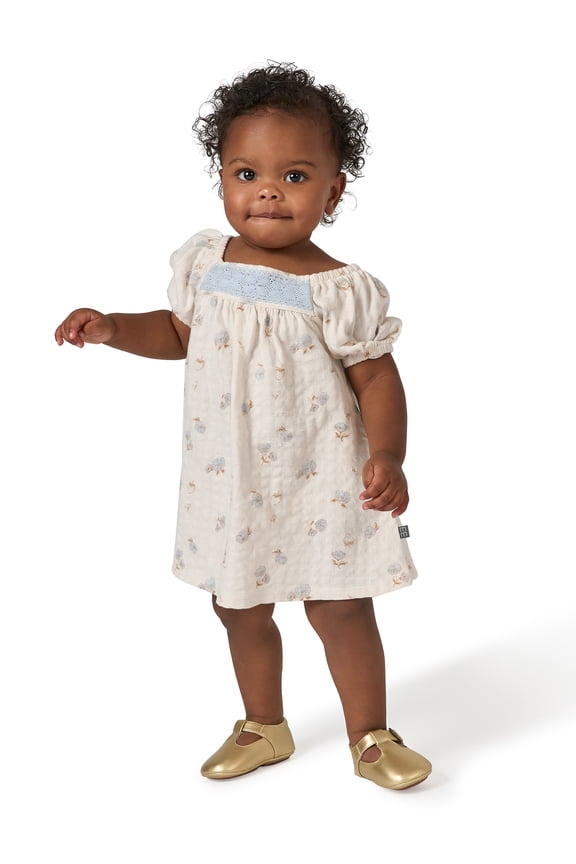 by Gerber Baby Girl Puff Sleeve Dress and Diaper Cover, 2-Piece, Sizes 0/3 Months - 24 Months