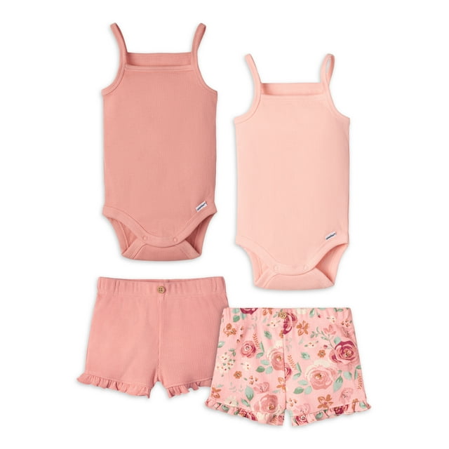 Modern Moments by Gerber Baby Girl Ribbed Bodysuits and Shorts Outfit Sets, 4Piece, 0/3 24
