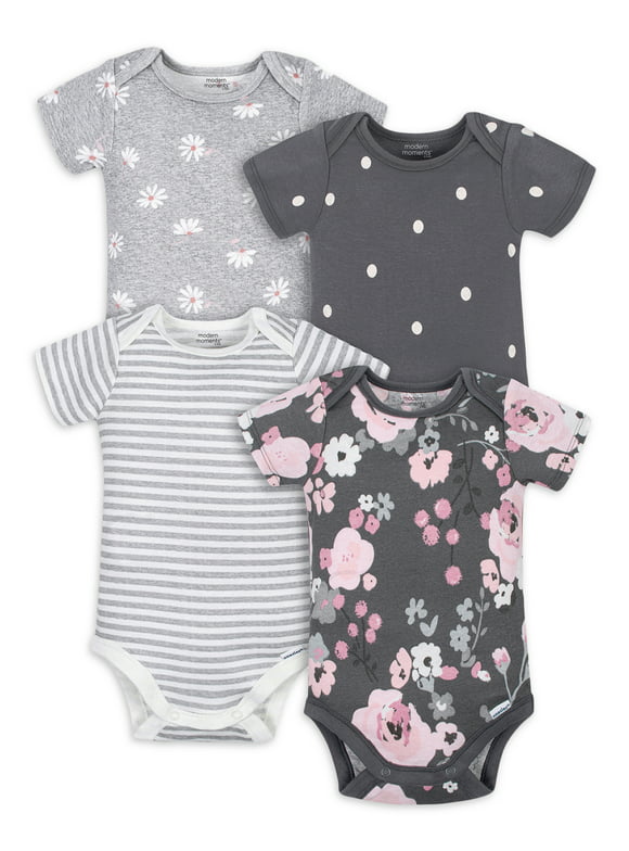 Modern Moments by Gerber Baby Girl Short Sleeve Onesies Bodysuits, 4-Pack, (Newborn-24 Months)