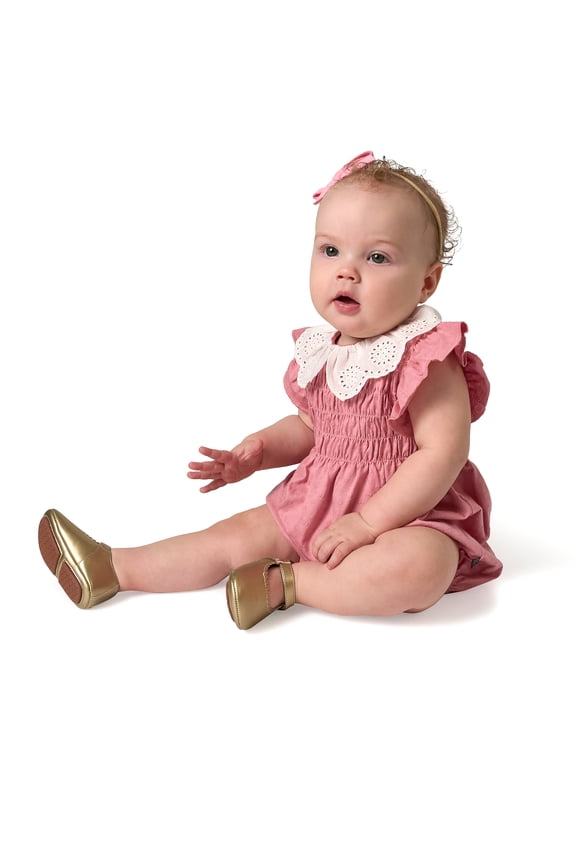 by Gerber Baby Girl Smocked Bubble Romper with Eyelet Collar, Sizes 0/3 Months - 24 Months