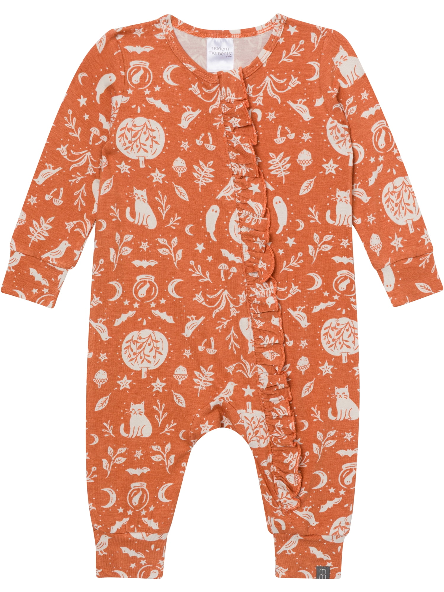 Modern Moments by Gerber Baby Girl Two-Way Zip Viscose Halloween Long Sleeve Coverall & Ruffle Detail, Sizes Newborn - 24 Months