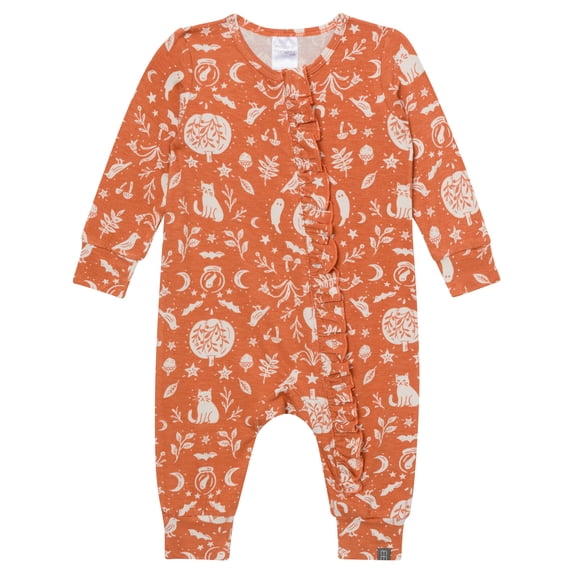 Modern Moments by Gerber Baby Girl Two-Way Zip Viscose Halloween Long Sleeve Coverall & Ruffle Detail, Sizes Newborn - 24 Months