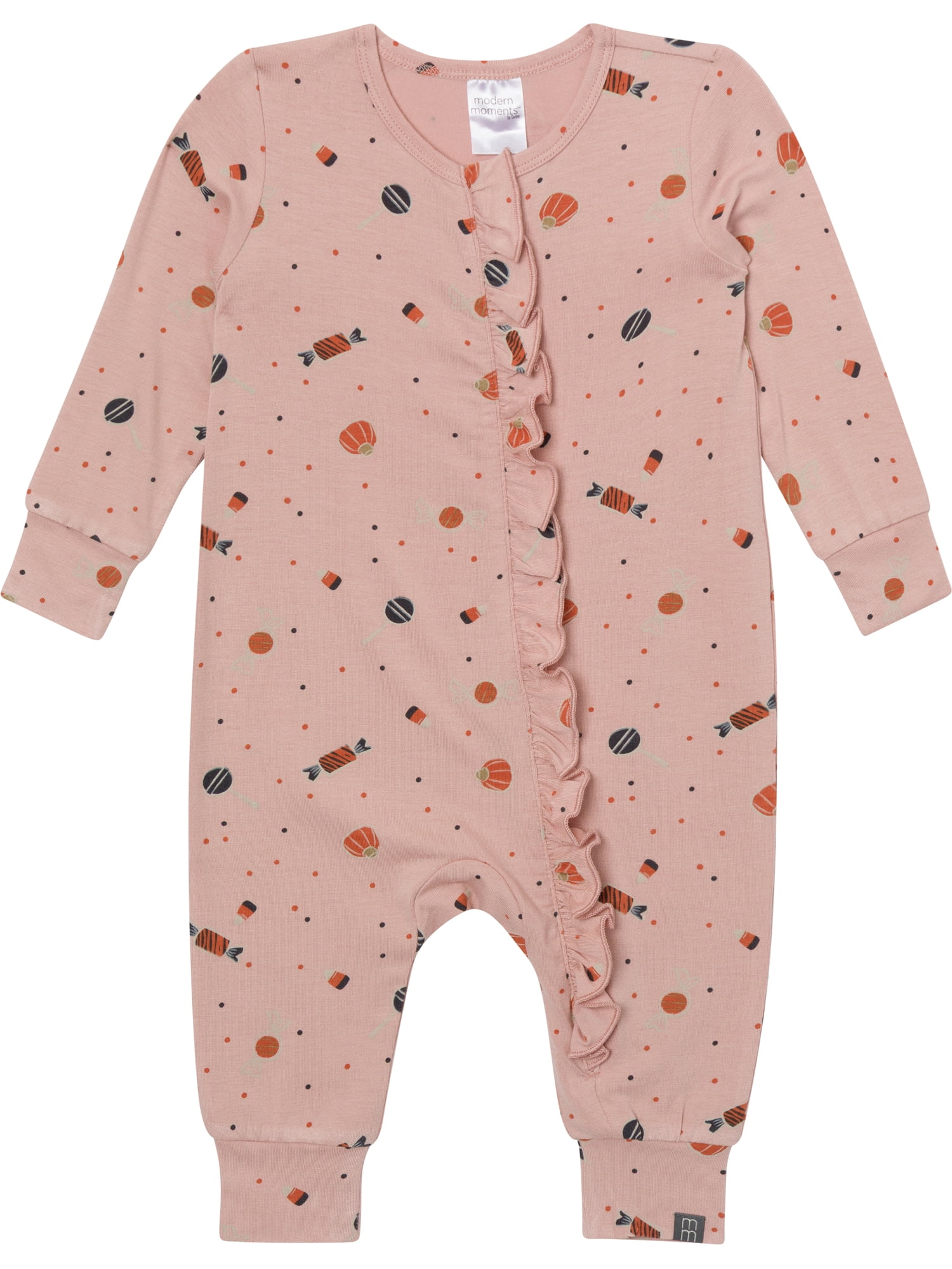 Modern Moments by Gerber Baby Girl Two-Way Zip Viscose Halloween Long Sleeve Coverall & Ruffle Detail, Sizes Newborn - 24 Months