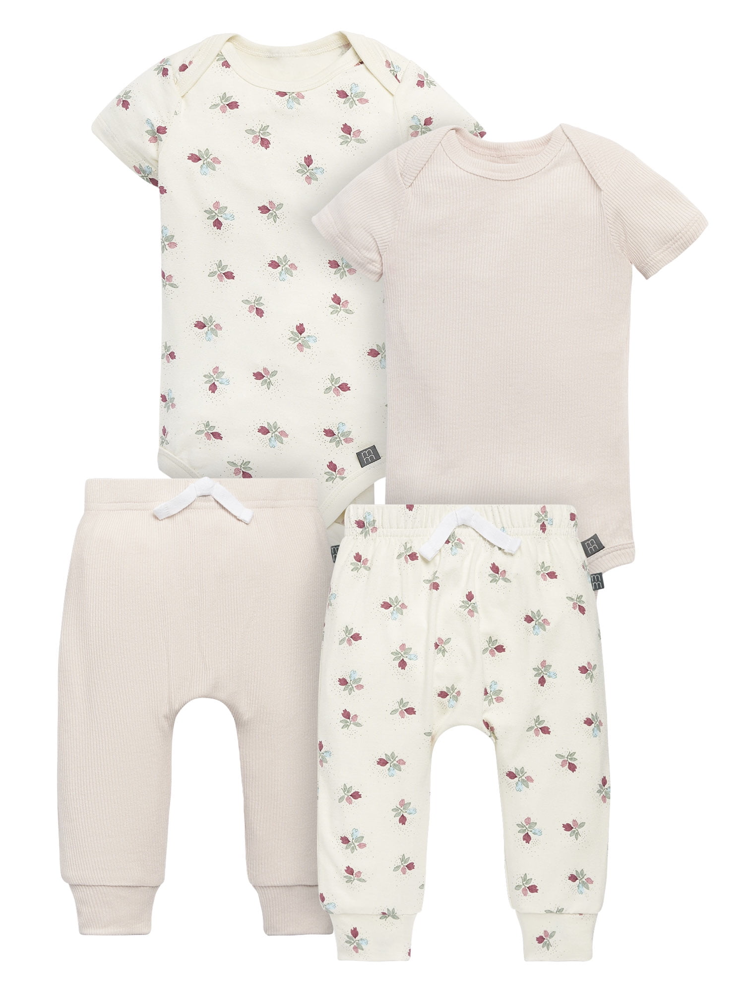 Modern Moments by Gerber Baby Neutral Super Soft Bodysuit and Pant, 4-Piece Outfit Set, Sizes Newborn - 12 Months