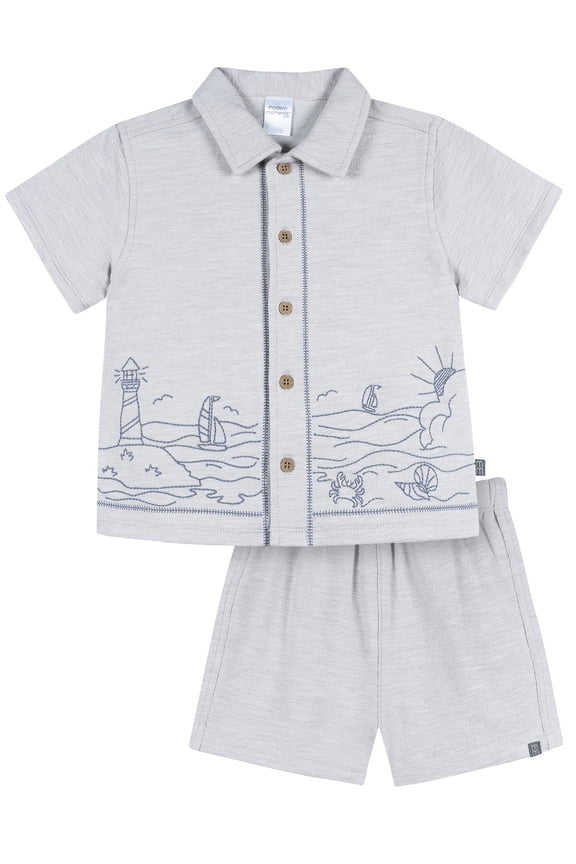 by Gerber Baby and Toddler Boy Button Front Shirt and Short Set, 2-Piece, Sizes 0/3 Months - 5T